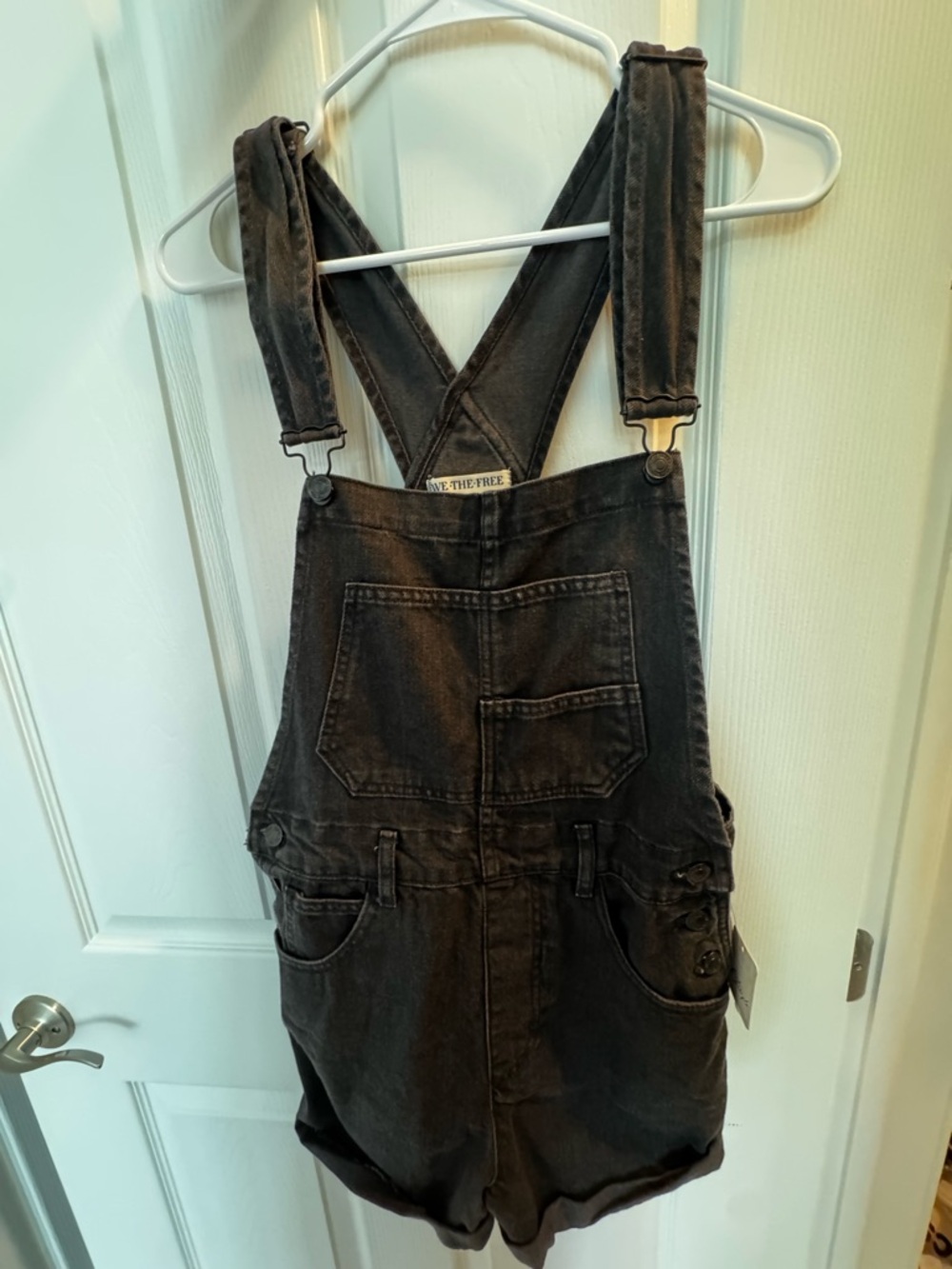 We The Free Black Denim Short Overalls